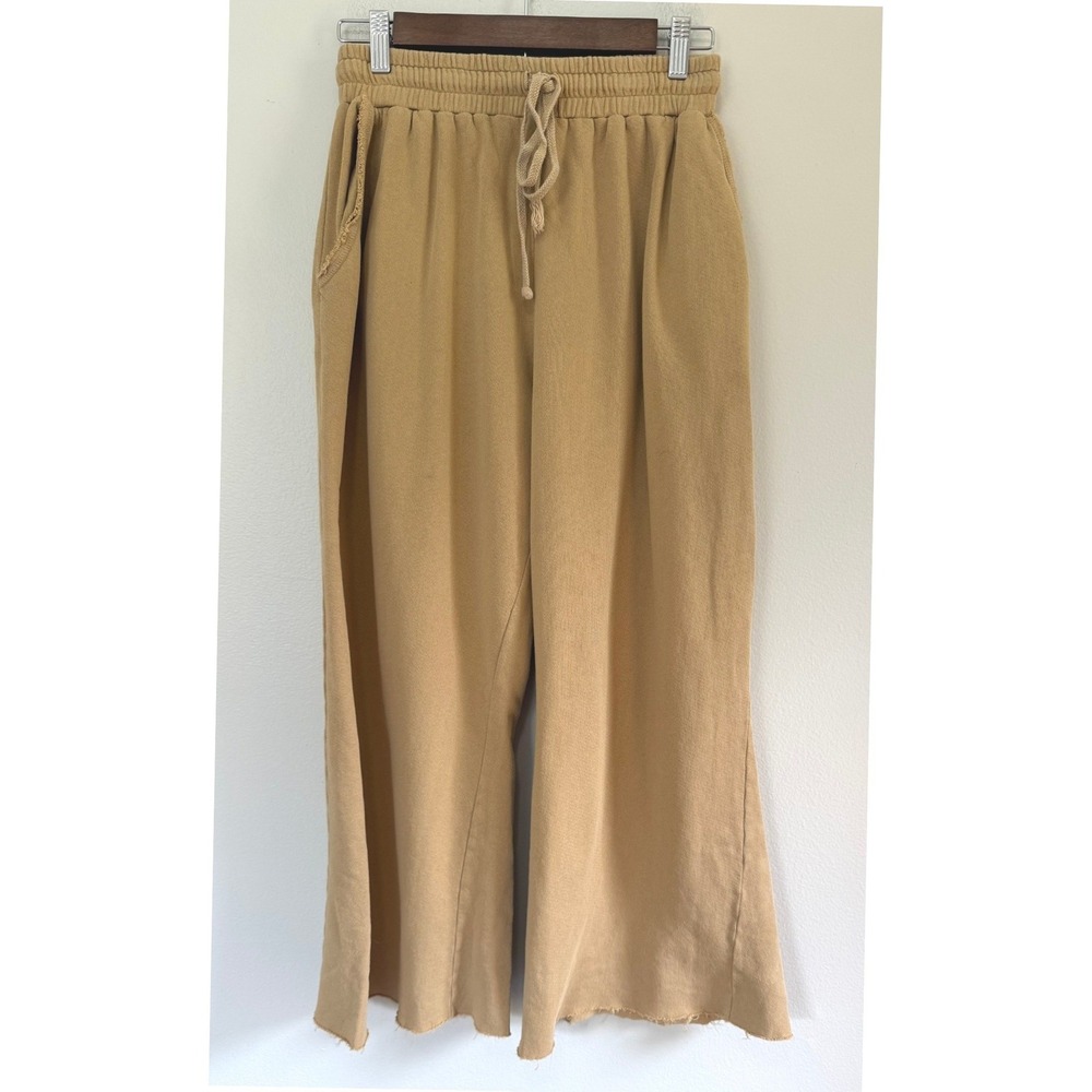 People of Leisure Mustard French Terry Wide Leg Raw Hem Sweatpants Sz Small